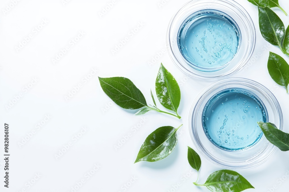 Petri dishes, cosmetic gel swatches and plants isolated on white background, copy space. Bio science research, biochemistry, organic vegan skin care concept , ai Petri dishes, cosmetic gel swatches and plants isolated on white background, copy space. Bio science research, biochemistry, organic vegan skin care concept , ai