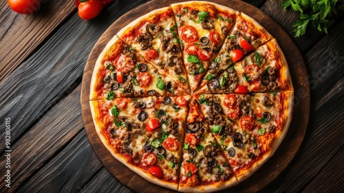 A delicious pizza topped with meats, vegetables, and cheese, served on a wooden board.