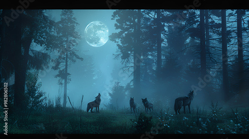 Moonlit Howl: A pack of wolves raise their muzzles in a chorus of howls under a luminous full moon in a misty forest. 