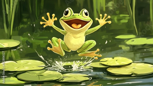 Hand-drawn illustration of a happy frog jumping on lily pads in a pond