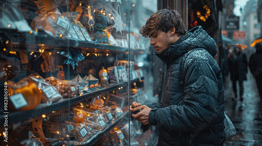 A highly realistic image of a person engaged in Setting up scary window displays in the storefront The scene is well-lit, with natural light highlighting the details. The background is slightly A highly realistic image of a person engaged in Setting up scary window displays in the storefront The scene is well-lit, with natural light highlighting the details. The background is slightly