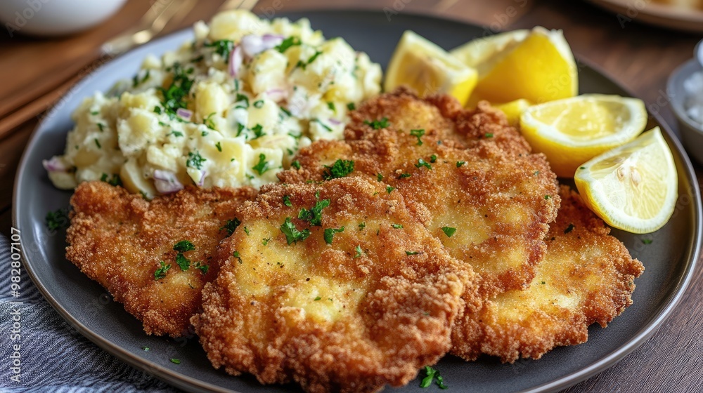 A platter of crispy German schnitzel, served with a side of potato salad and lemon wedges, highlighting German cuisine. A platter of crispy German schnitzel, served with a side of potato salad and lemon wedges, highlighting German cuisine.