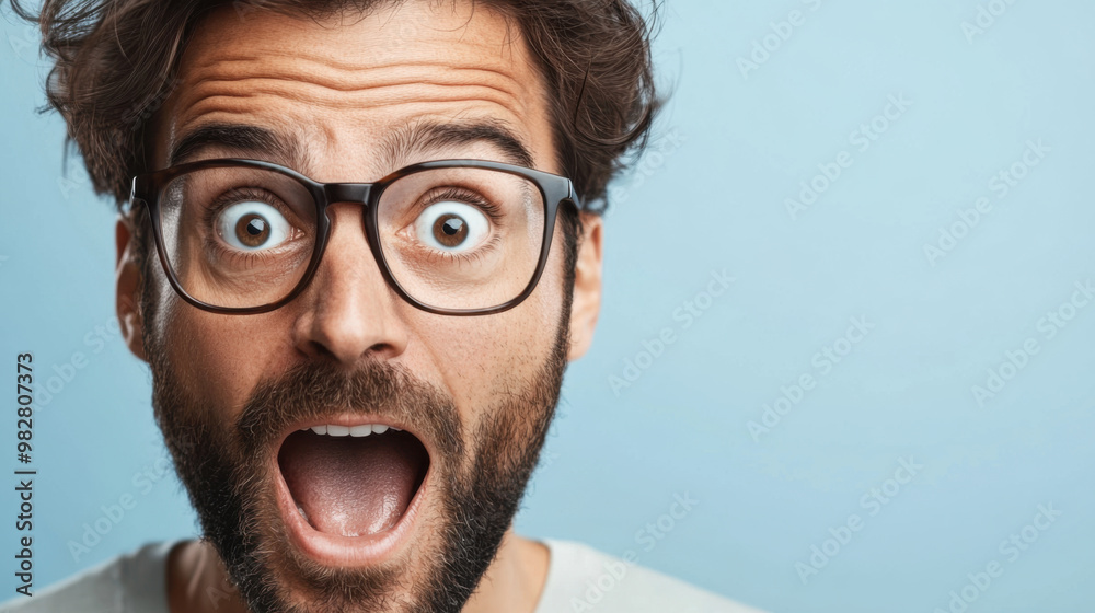 Close-up of a bearded man with glasses expressing shock, wide eyes, and open mouth, against a light blue background. Close-up of a bearded man with glasses expressing shock, wide eyes, and open mouth, against a light blue background.