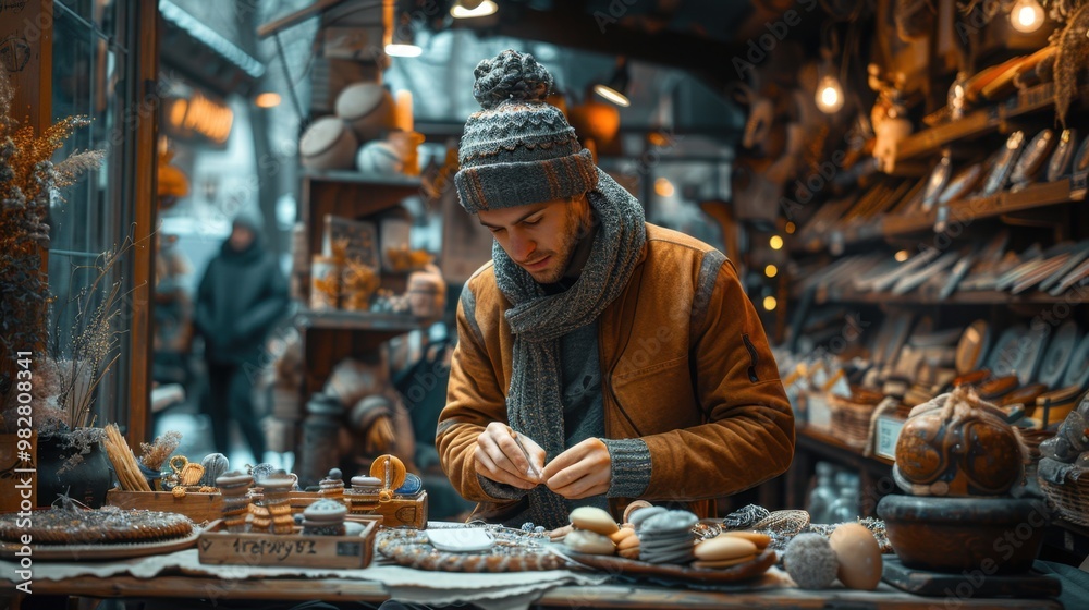 A highly realistic image of a person engaged in Making spider rings in the craft store The scene is well-lit, with natural light highlighting the details. The background is slightly blurred 