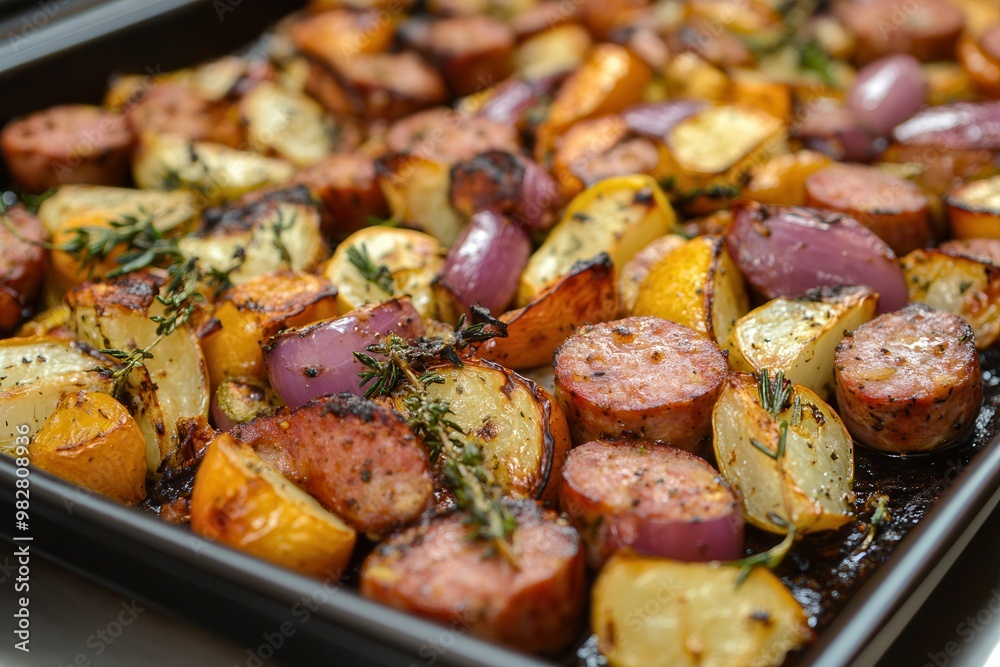 A delicious array of roasted sausage and vegetables, seasoned to perfection. Perfect for meal prep and healthy eating. A delicious array of roasted sausage and vegetables, seasoned to perfection. Perfect for meal prep and healthy eating.
