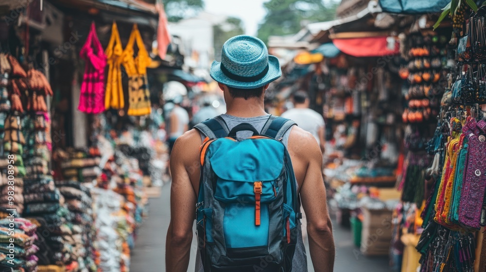 Obraz premium A traveler explores a vibrant market filled with colorful goods and local crafts.