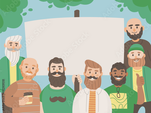 Group of diverse bearded men holding blank sign