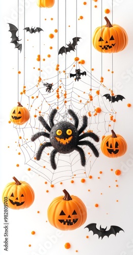 A festive Halloween scene featuring pumpkins, a spider, bats, and a web.