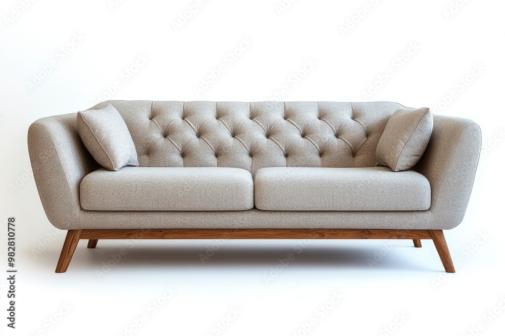 Chic modern sofa with button tufts and angular wooden legs isolated white background , ai