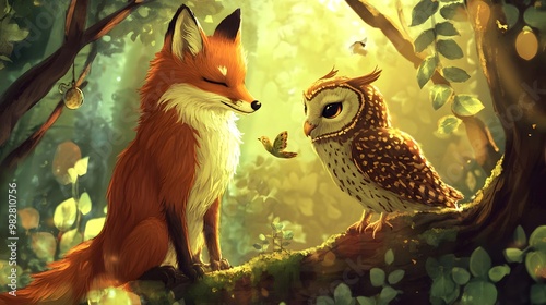 Whimsical hand-drawn fox and owl playing together in a magical forest