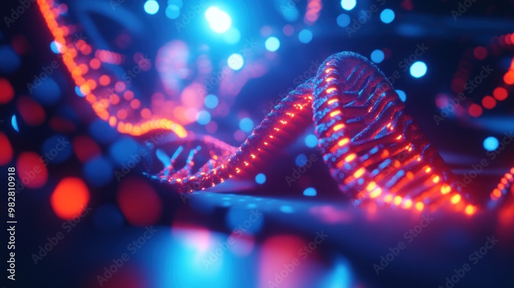 A vibrant, abstract representation of DNA strands illuminated with blue and red lights. A vibrant, abstract representation of DNA strands illuminated with blue and red lights.