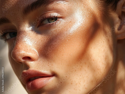 Close-up of a Woman's Face with Freckles and Sun-Kissed Skin, Applying Sheer Sunscreen, Sunlight Shimmering on Skin, Smooth and Healthy Complexion,  Beauty and Skin Care Concept
