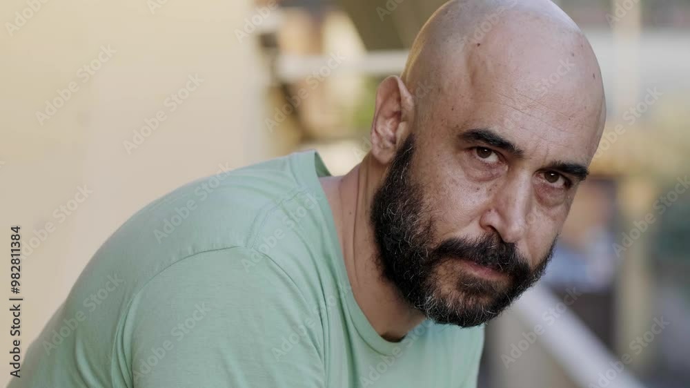 A thoughtful bald man looks directly at the camera. Captures a moment of deep reflection and introspection. A thoughtful bald man looks directly at the camera. Captures a moment of deep reflection and introspection.