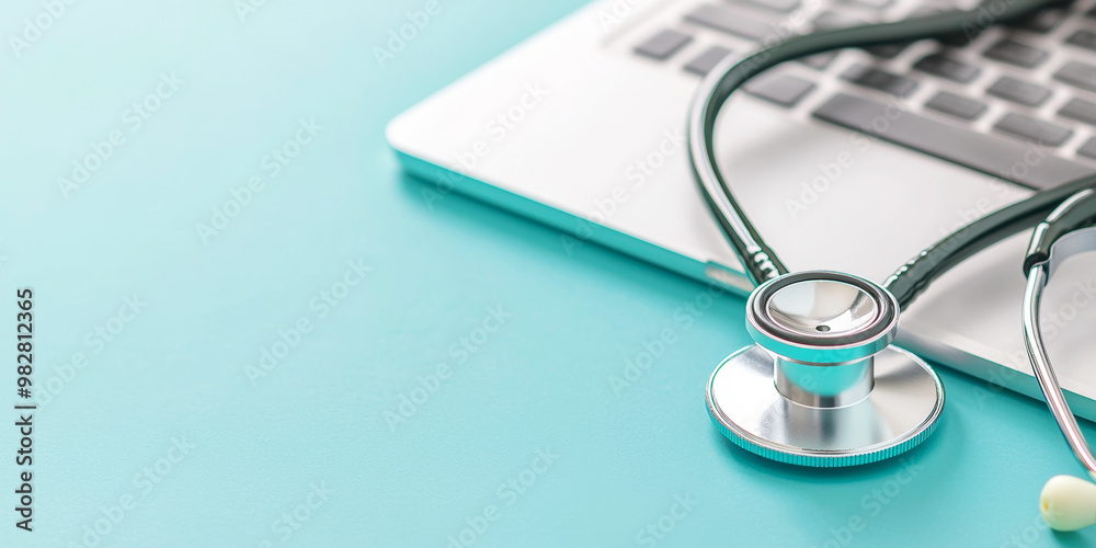 A stethoscope rests on laptop, symbolizing healthcare and technology A stethoscope rests on laptop, symbolizing healthcare and technology