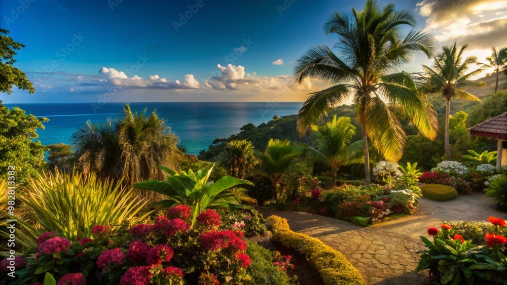 Fototapeta premium Lush tropical garden with palm trees and a stunning ocean view at sunset.