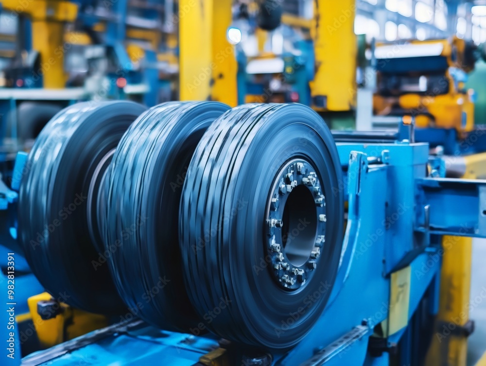 Obraz premium Industrial Machinery in a Rubber Factory, Close-up View of Rolling Tires