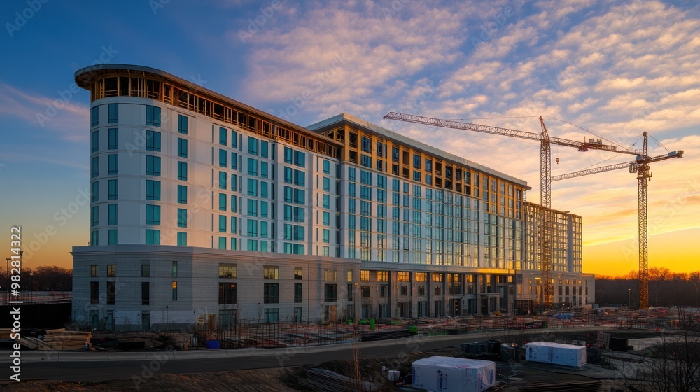 Modern hotel building under construction at sunset with cranes in the background. Modern hotel building under construction at sunset with cranes in the background.
