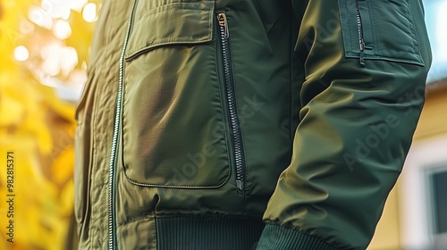 Stylish Green Bomber Jacket Poster: Featuring Unique Pockets, Ergonomic Fit, and Zipper Closure – Perfect for Sporty Interior Decor!