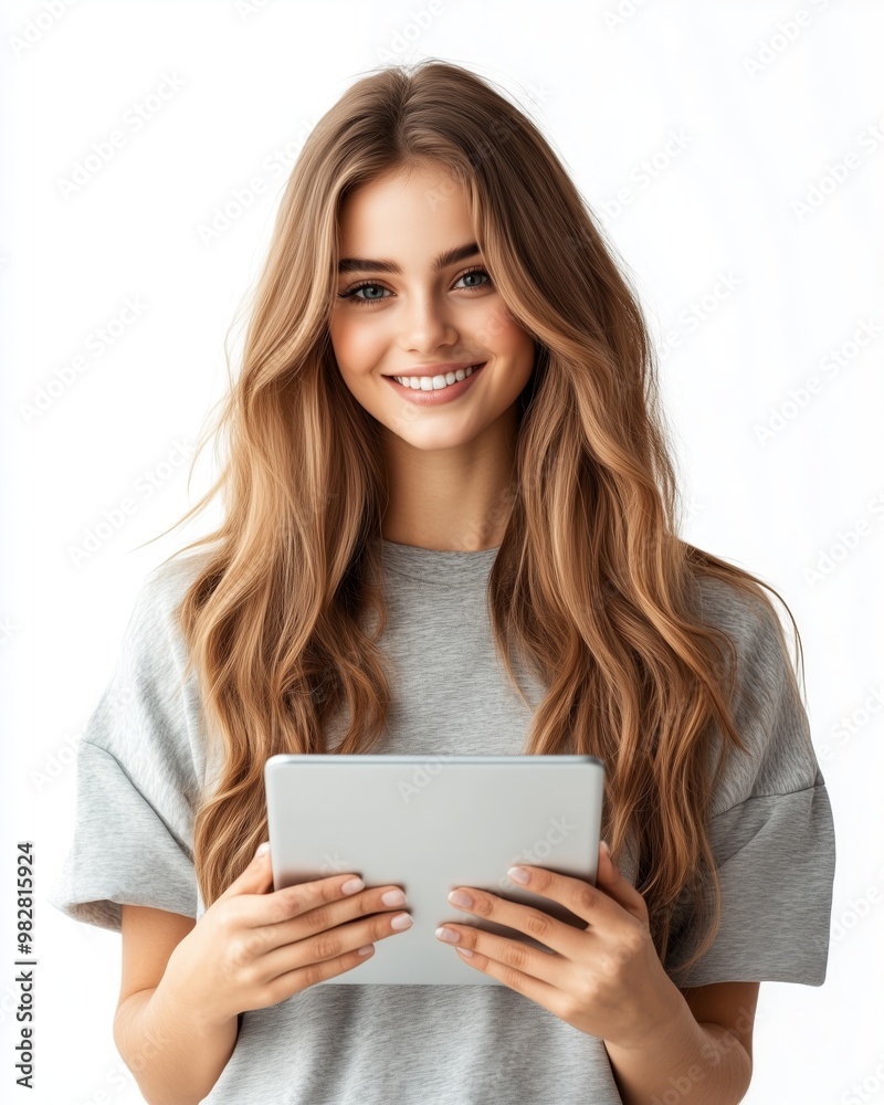 A casually dressed woman smiling while holding a tablet with both hands, isolated on a white background. A casually dressed woman smiling while holding a tablet with both hands, isolated on a white background.