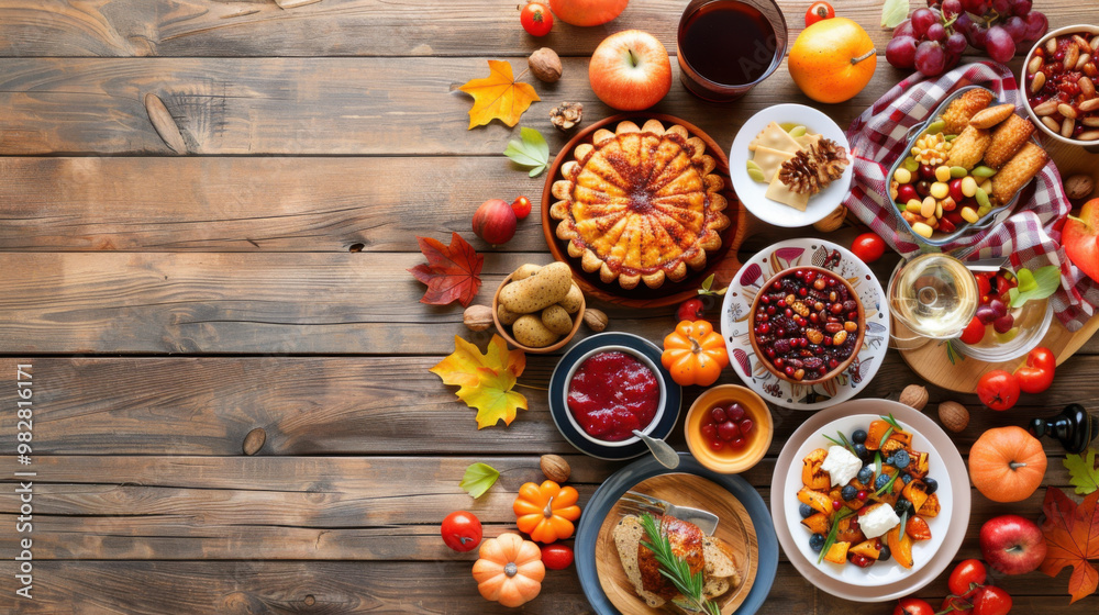 An overhead view of a colorful Thanksgiving feast spread across a rustic wooden table, filled with traditional dishes and autumn decor.