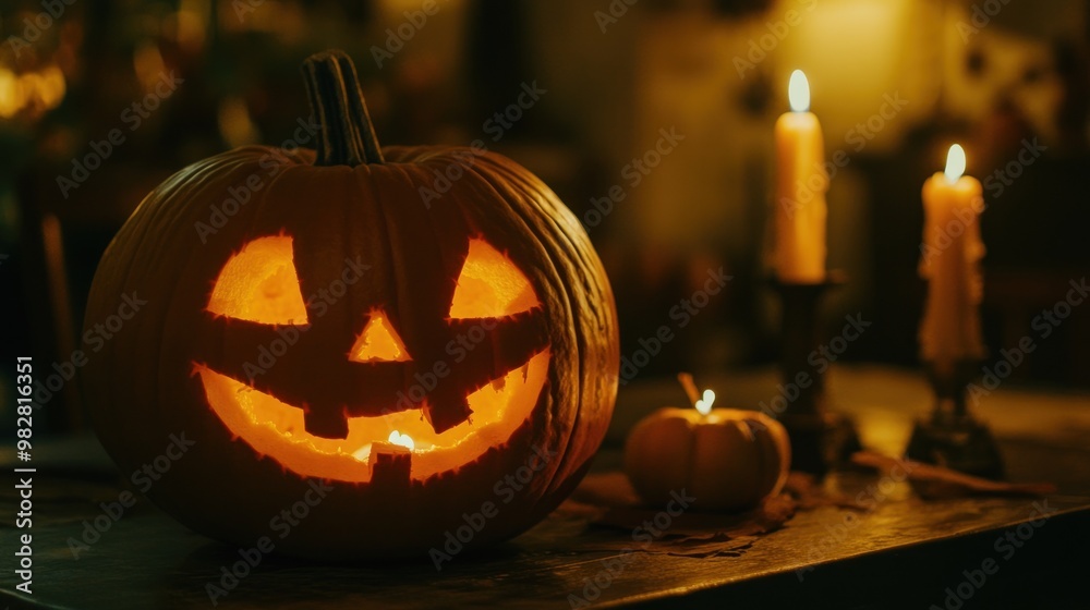 Fototapeta premium A glowing jack-o'-lantern surrounded by candles, evoking a festive Halloween atmosphere.