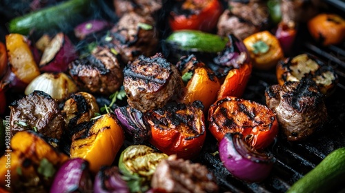 Grilled meat and colorful vegetables sizzling on a barbecue grill.