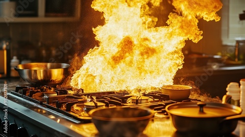 A kitchen scene with flames erupting from a stove, indicating a cooking mishap. photo