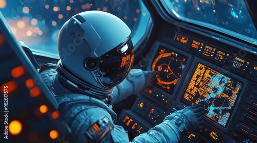 Fototapeta Naklejka Na Ścianę i Meble -  An astronaut in a spacecraft cockpit, operating control panels and monitoring data.