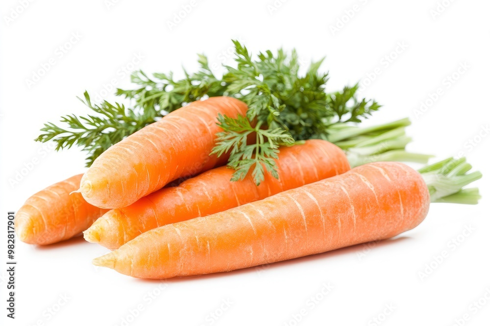 Carrots isolated. Carrot on white background. Four carrots with green leaves. Full depth of field , ai