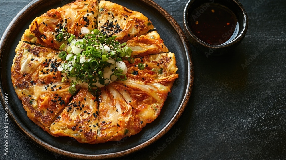 A savory Korean kimchi pancake, crispy and served with a dipping sauce, highlighting Korean cuisine. A savory Korean kimchi pancake, crispy and served with a dipping sauce, highlighting Korean cuisine.
