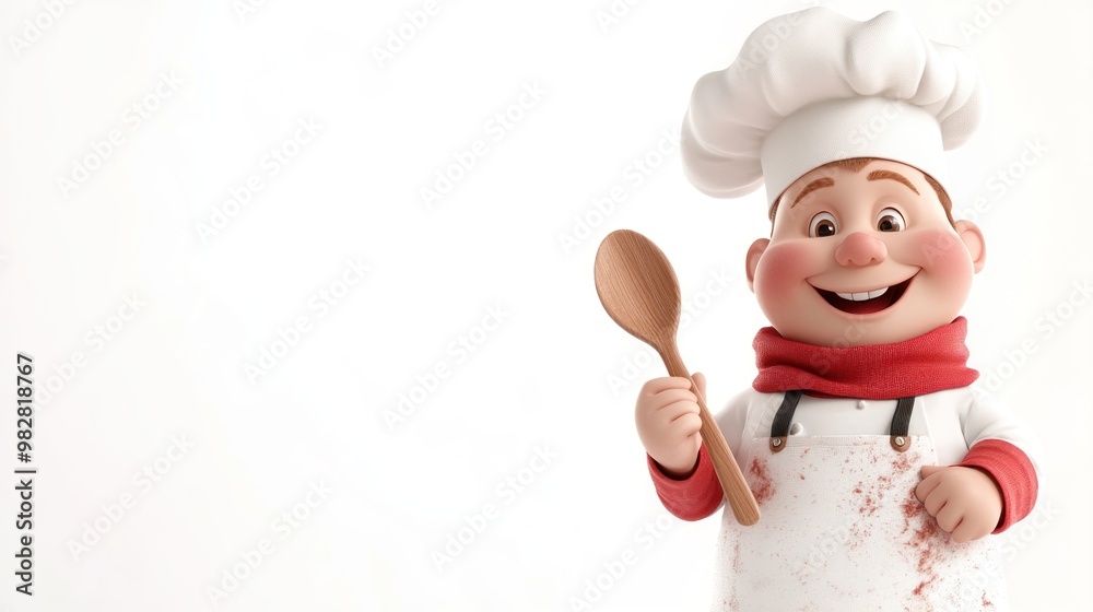 A cheerful cartoon chef holding a wooden spoon, ready to cook or bake. A cheerful cartoon chef holding a wooden spoon, ready to cook or bake.