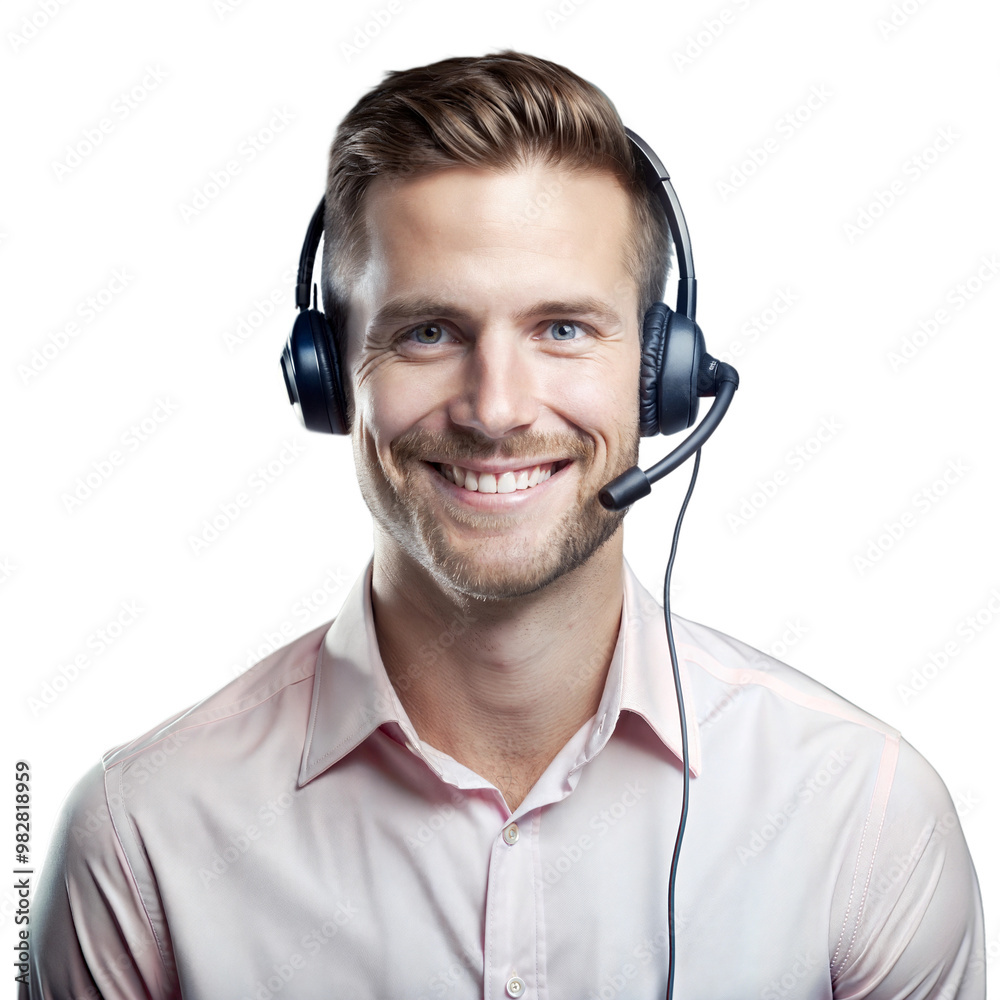 Friendly customer service representative wearing headset, smiling while posing on transparent background Friendly customer service representative wearing headset, smiling while posing on transparent background