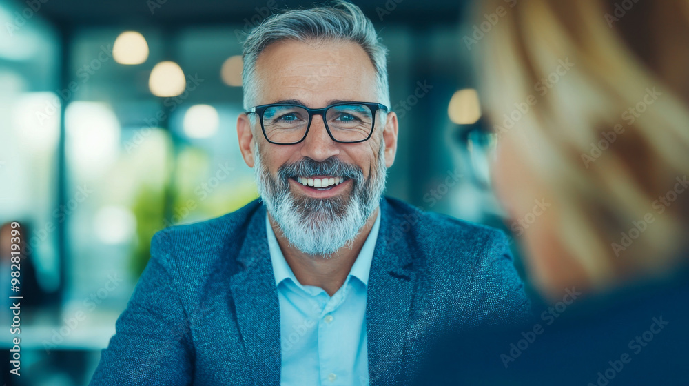 Smiling businessman in a suit looks at a colleague. Smiling businessman in a suit looks at a colleague.