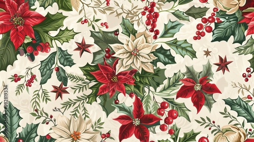 Christmas watercolor illustration, seamless botanical pattern of red Christmas star flowers, green leaves, fir and red berries on white background, for printing on fabric or wrapping paper