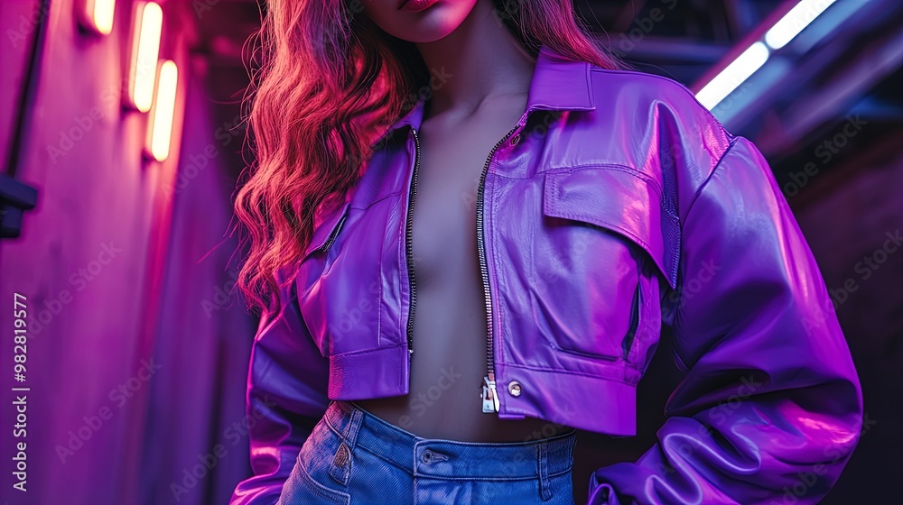 Chic Purple Cropped Jacket with Bold Shoulder Pads: A Stylish Streetwear Icon Perfect for Urban Decor and Trendy Sports Interior Posters Chic Purple Cropped Jacket with Bold Shoulder Pads: A Stylish Streetwear Icon Perfect for Urban Decor and Trendy Sports Interior Posters