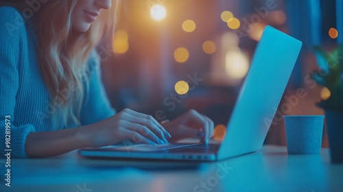 A woman and a man reviewing a project plan on a laptop, with a cozy office atmosphere surrounding them, slightly out of focus.