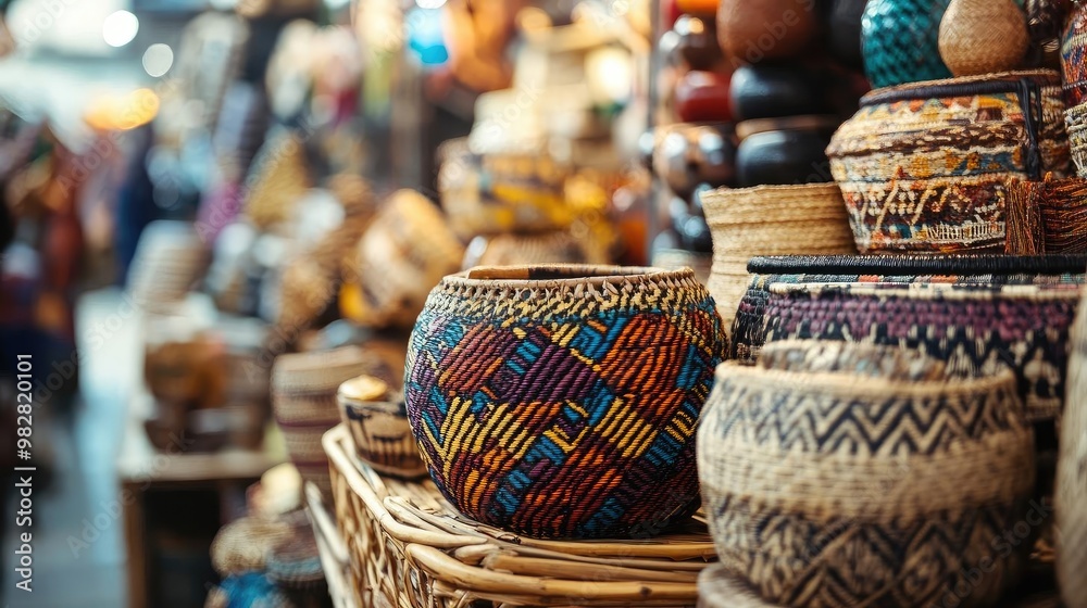 Colorful handmade baskets on display, showcasing intricate designs and craftsmanship in a vibrant market setting. Colorful handmade baskets on display, showcasing intricate designs and craftsmanship in a vibrant market setting.