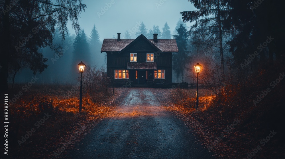 A mysterious house surrounded by fog and trees, illuminated by street lamps at dusk. A mysterious house surrounded by fog and trees, illuminated by street lamps at dusk.