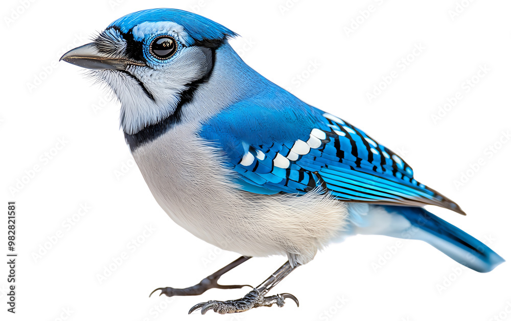 Obraz premium A vibrant blue jay perched elegantly, showcasing its striking blue feathers and expressive features against a crisp background.