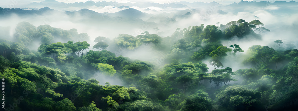 tropical rainforest panorama covered in mist. perfect for earth day banner. tropical rainforest background wallpaper
