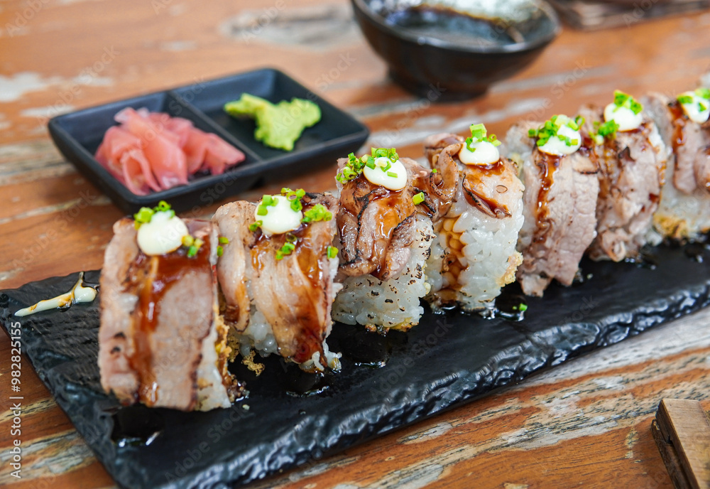 wagyu beef sushi On the plate (Japanese style food) wagyu beef sushi On the plate (Japanese style food)