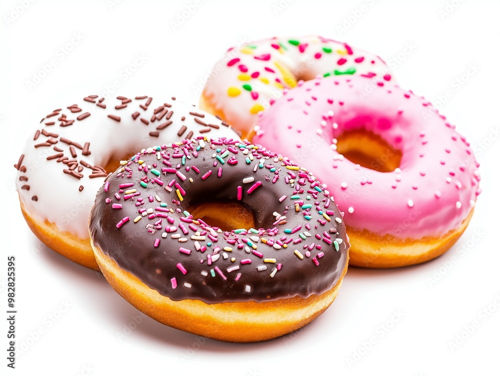 Colorful doughnuts with glaze and sprinkles isolated on background Colorful doughnuts with glaze and sprinkles isolated on background