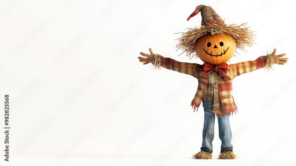 A cheerful scarecrow with a pumpkin head, wearing a plaid shirt and jeans, stands with open arms. A cheerful scarecrow with a pumpkin head, wearing a plaid shirt and jeans, stands with open arms.