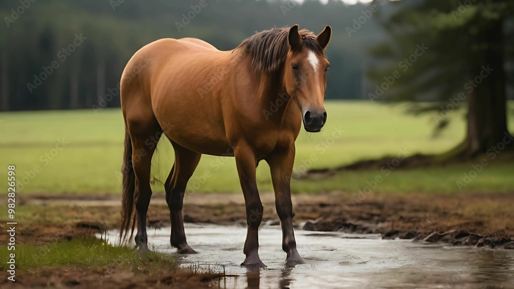 Fototapeta premium Brown horse in the puddle of water