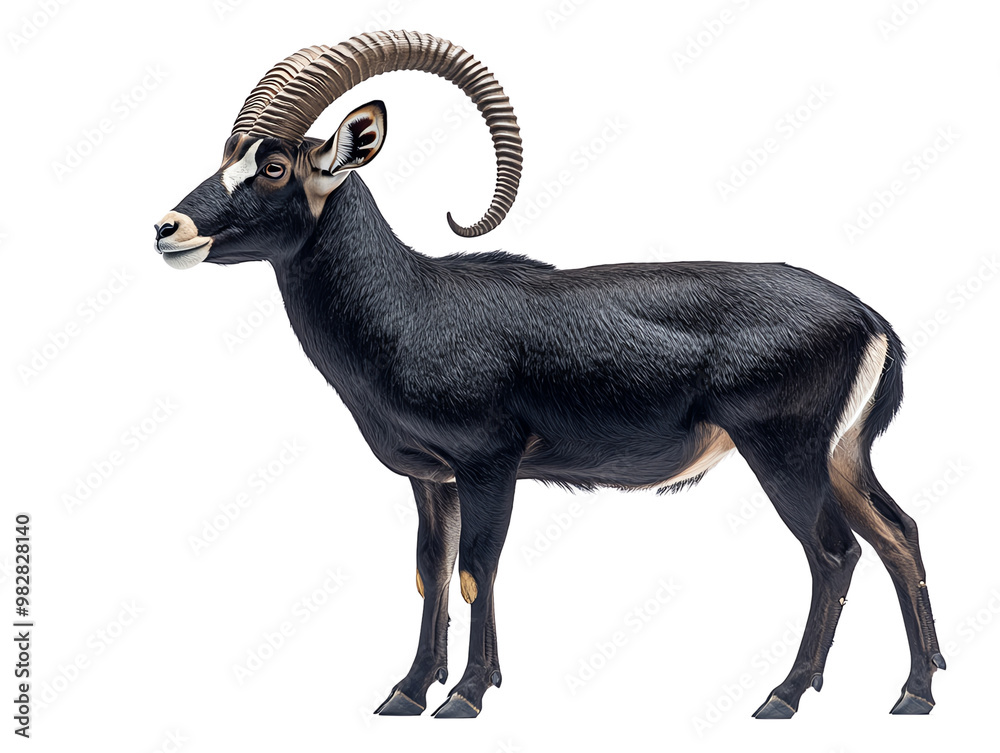 A majestic male ram standing gracefully, showcasing its impressive curled horns and sleek black fur in a natural pose. A majestic male ram standing gracefully, showcasing its impressive curled horns and sleek black fur in a natural pose.