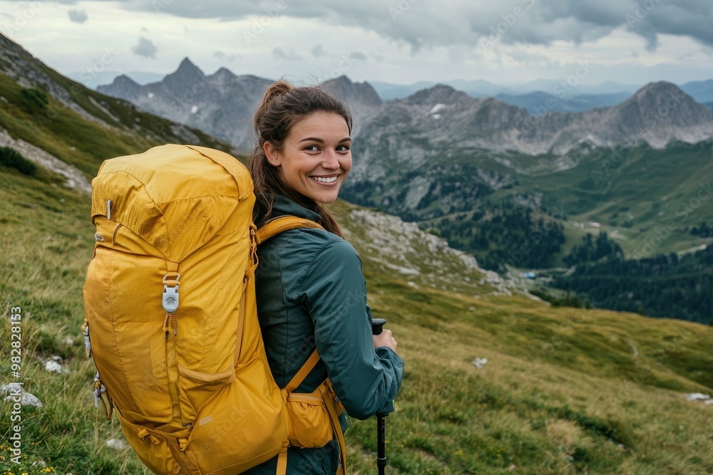 A smiling female traveler with a yellow hiking backpack enjoys the beautiful scenery of the majestic mountains. Travel, adventure. Concept of an active lifestyle, ai A smiling female traveler with a yellow hiking backpack enjoys the beautiful scenery of the majestic mountains. Travel, adventure. Concept of an active lifestyle, ai