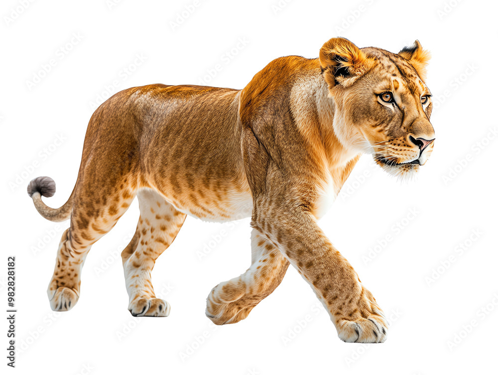 Fototapeta premium A majestic lioness gracefully walks, showcasing its strength and elegance in a stunning display of nature's beauty.