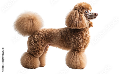 A stylish poodle stands elegantly, showcasing its beautiful fur and proud demeanor, perfect for pet-themed content. photo