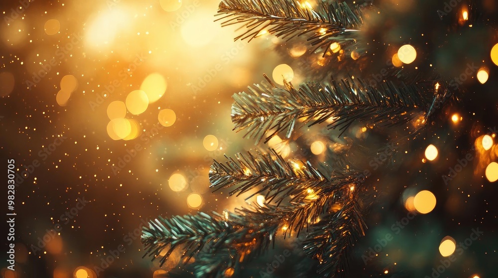 A close-up of a Christmas tree branch adorned with soft, warm lights, creating a festive and magical atmosphere. A close-up of a Christmas tree branch adorned with soft, warm lights, creating a festive and magical atmosphere.