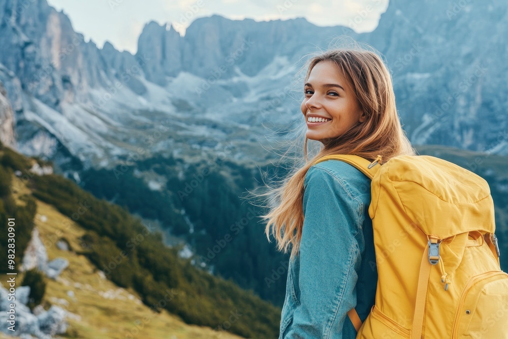A smiling female traveler with a yellow hiking backpack enjoys the beautiful scenery of the majestic mountains. Travel, adventure. Concept of an active lifestyle, ai A smiling female traveler with a yellow hiking backpack enjoys the beautiful scenery of the majestic mountains. Travel, adventure. Concept of an active lifestyle, ai